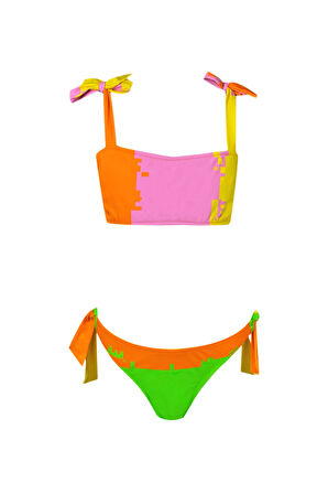 Glitch Desenli Renkli UV50 Kız Çocuk Bikini Takımı