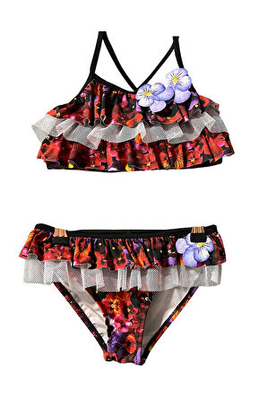 Halter Yaka Multi-Fırfırlı 3D Çiçek Detaylı 50UV Kız Çocuk Bikini Takımı by Nessi Byrd