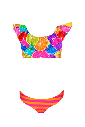 Kayık Yaka Renkli Portakal Desenli Fırfırlı 50UV Kız Çocuk Bikini Takımı by Nessi Byrd