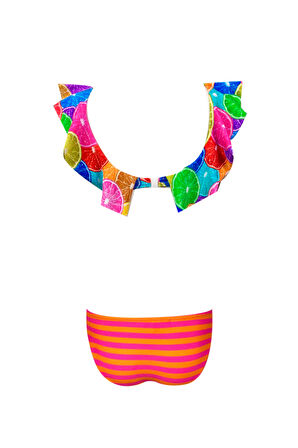 Kayık Yaka Renkli Portakal Desenli Fırfırlı 50UV Kız Çocuk Bikini Takımı by Nessi Byrd