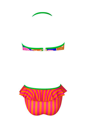 Halter Yaka Renkli Portakal Desenli Bandeau Fırfırlı 50UV Kız Çocuk Bikini Takımı by Nessi Byrd