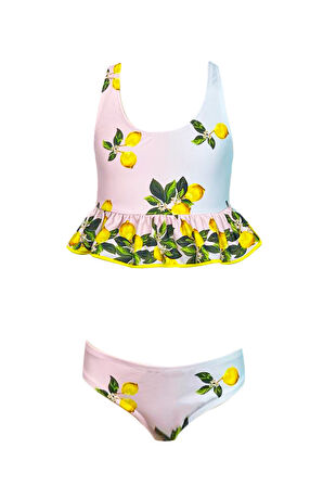 Çift Renk Limon Desenli Fırfırlı UV50 Kız Çocuk Bikini Takımı By Nessi Byrd