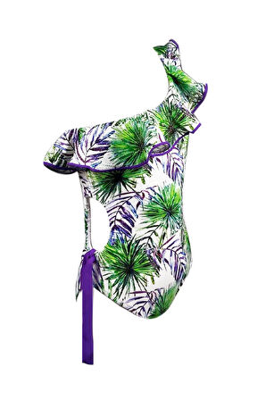 Tek Omuz Tropikal Desenli Yan Cut-Out Detay 50UV Kız Çocuk Mayo by Nessi Byrd