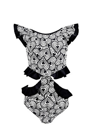 Siyah-Beyaz Kalp Desenli Cut-Out Fırfırlı Kız Çocuk Mayo By Nessi Byrd