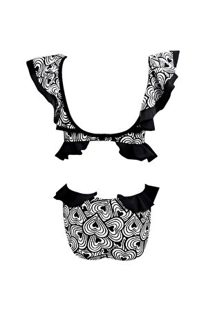 Siyah-Beyaz Kalp Desenli Cut-Out Fırfırlı Kız Çocuk Mayo By Nessi Byrd