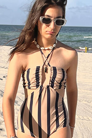 Halter Yaka Çizgili Büzgü Detaylı Kız Çocuk Mayo By Nessi Byrd