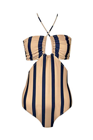 Halter Yaka Çizgili Büzgü Detaylı Kız Çocuk Mayo By Nessi Byrd