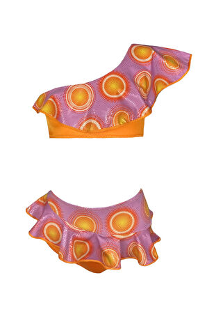 Tek Omuz Parlak Güneş Desenli Fırfır Detaylı 50UV Kız Çocuk Bikini Takımı BY NESSI BYRD