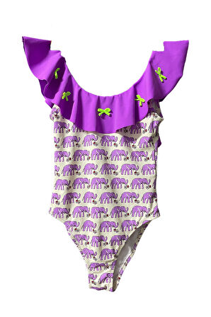 Fırfırlı Fil Desenli Minik Fiyonk Detaylı Mor 50UV Kız Çocuk Mayo BY NESSI BYRD