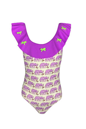 Fırfırlı Fil Desenli Minik Fiyonk Detaylı Mor 50UV Kız Çocuk Mayo BY NESSI BYRD