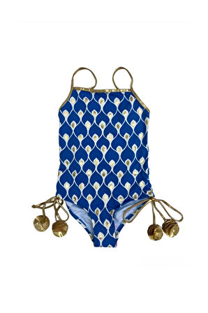 Askılı Ikat Desenli Gold Detaylı Bağcıklı Mavi 50UV Kız Çocuk Mayo BY NESSI BYRD