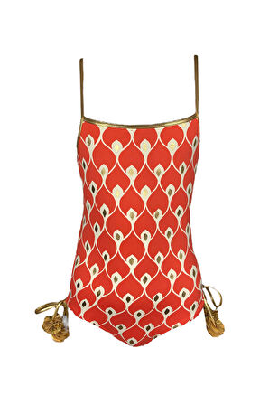 Askılı Ikat Desenli Gold Detaylı Bağcıklı Kırmızı 50UV Kız Çocuk Mayo