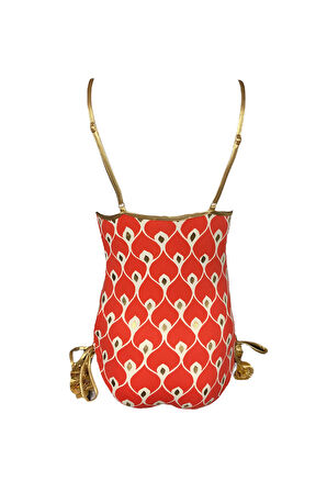 Askılı Ikat Desenli Gold Detaylı Bağcıklı Kırmızı 50UV Kız Çocuk Mayo