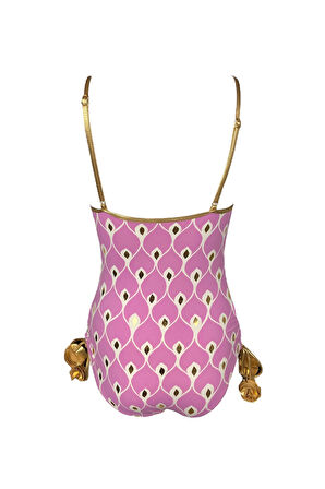 Askılı Ikat Desenli Gold Gül Detaylı Bağcıklı Pembe 50uv Kız Çocuk Mayo by Nessi Byrd