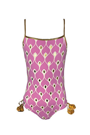 Askılı Ikat Desenli Gold Gül Detaylı Bağcıklı Pembe 50uv Kız Çocuk Mayo by Nessi Byrd