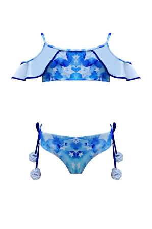 Halter Yaka Fırfırlı Yıldız Baskılı Ponpon Detaylı 50UV Kız Çocuk Bikini Takımı