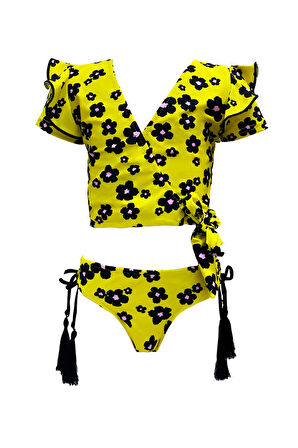 Papatya Desenli Fırfırlı V Yaka 50uv Kız Çocuk Bikini Takımı By Nessi Byrd