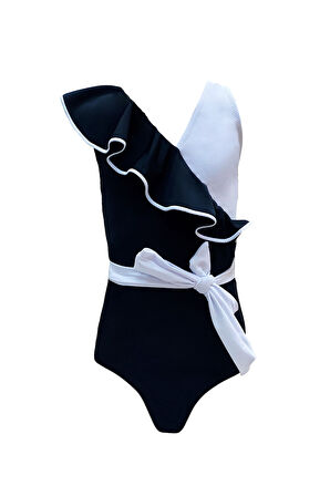 Askılı Çapraz Volanlı Kemer Ve Büyük Fiyonk Detaylı  Siyah-Beyaz 50UV Kız Çocuk Mayo BY NESSI BYRD