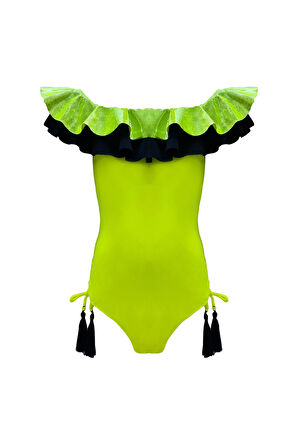 Kayık Yaka Fırfırlı Püsküllü Yeşil 50UV Kız Çocuk Mayo BY NESSI BYRD