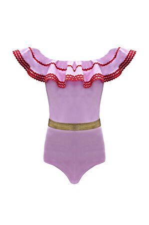 Kayık Yaka Fırfırlı Su Taşı Detaylı Gold Kemerli Pembe 50UV Kız Çocuk Mayo BY NESSI BYRD