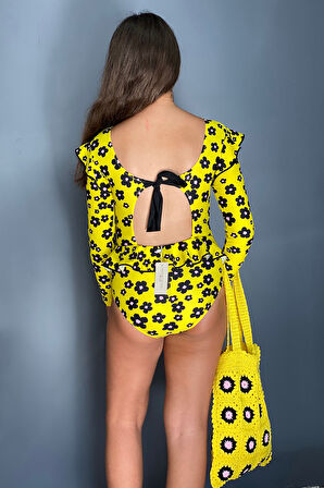 Bisiklet Yaka Papatya Desenli Fırfır Detaylı Sarı 50UV Uzun Kollu Kız Çocuk Mayo BY NESSI BYRD