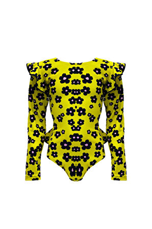 Bisiklet Yaka Papatya Desenli Fırfır Detaylı Sarı 50UV Uzun Kollu Kız Çocuk Mayo BY NESSI BYRD