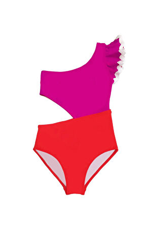 Tek Omuz Su Taşı - Fırfır Kol Detaylı Cut-out Pembe 50uv Kız Çocuk Mayo by Nessi Byrd
