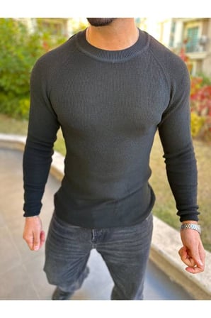 Kazak Slim Fit Naturel Örme Pamuk Bisiklet Yaka Tüylenmeyen Triko Dar Kesim Body Kazak