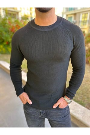Kazak Slim Fit Naturel Örme Pamuk Bisiklet Yaka Tüylenmeyen Triko Dar Kesim Body Kazak