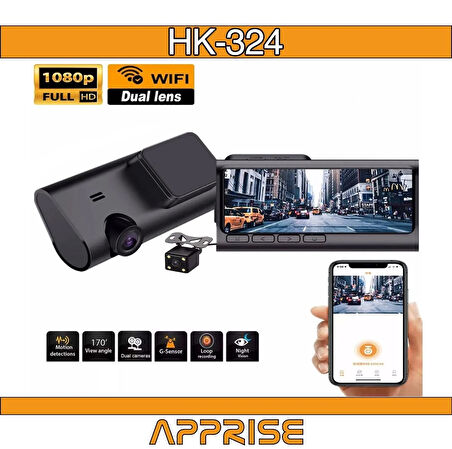 Apprise HK-324 IPS Ekran 3.16" Wifi Bağlantılı Çift Kamera Araç Içi Kamera