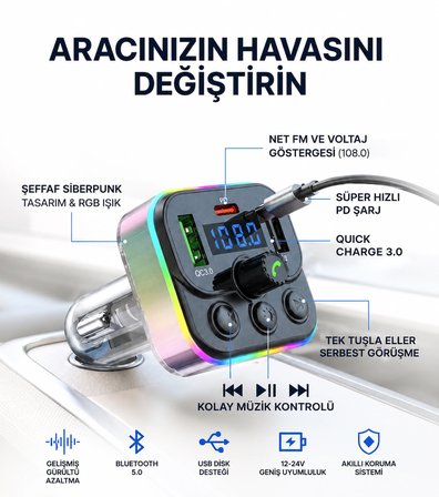  Bluetooth Araç Kiti FM Transmitter USB Type-C PD RGB LED Işıklı Flash Bellek MP3 Çakmaklık Girişli