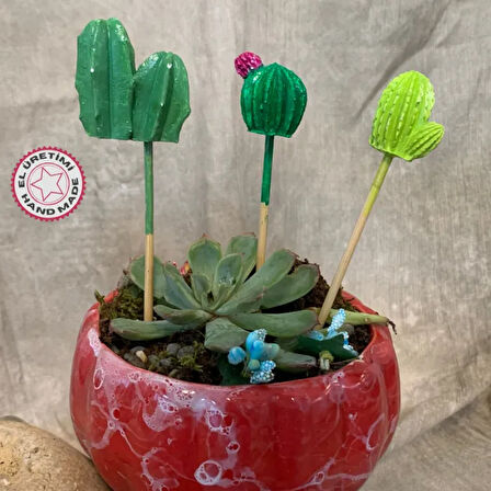 Uretti - Pınar 2572 - El Yapımı 3'lü Kaktüs Saksı Süsü -  17 cm
