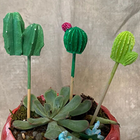 Uretti - Pınar 2572 - El Yapımı 3'lü Kaktüs Saksı Süsü -  17 cm