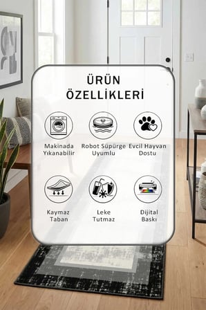 Yıkanabilir Yolluk Halı Kaymaz Taban Salon Mutfak Açık Gri