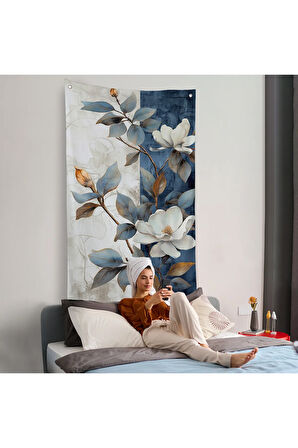 Mavi ve Beyaz Çiçekler Duvar Örtüsü-7886