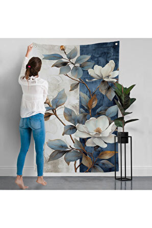 Mavi ve Beyaz Çiçekler Duvar Örtüsü-7886