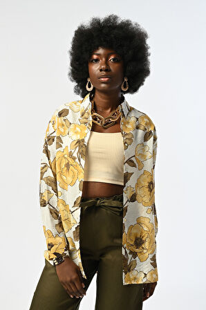 KADIN SARI ÇİÇEK DESENLİ GÖMLEK