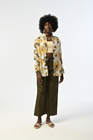 KADIN SARI ÇİÇEK DESENLİ GÖMLEK