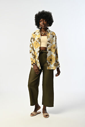 KADIN SARI ÇİÇEK DESENLİ GÖMLEK