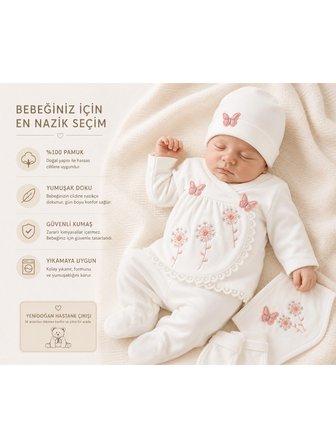 Lilliy 5'li Kız Bebek Hastane Çıkışı %100 Pamuklu Nakışlı Beyaz Set