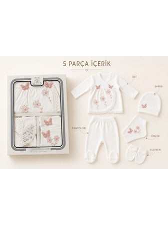 Lilliy 5'li Kız Bebek Hastane Çıkışı %100 Pamuklu Nakışlı Beyaz Set