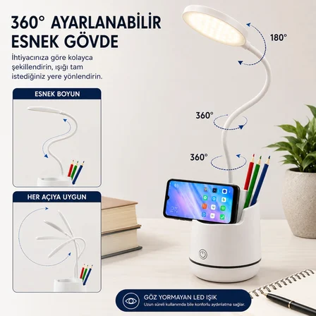 Şarjlı LED Masa Lambası Dokunmatik 3 Modlu Telefon Tutuculu Kalemlik Organizerli Esnek Gövdeli Çalışma Lambası