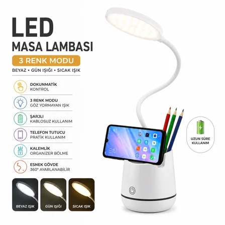 Şarjlı LED Masa Lambası Dokunmatik 3 Modlu Telefon Tutuculu Kalemlik Organizerli Esnek Gövdeli Çalışma Lambası