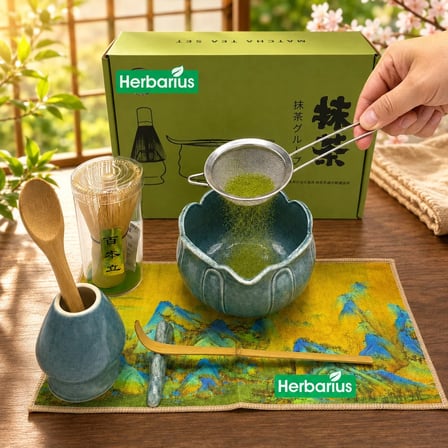Herbarius 8 Parça Lotus Desenli Çiçek Formlu Benekli Turkuaz Mavi Renk Matcha Çayı Hazırlama Seti - Geleneksel Japon Matcha Seti