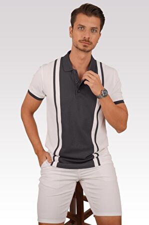 Beyaz Füme Çift Renkli Polo Tişört
