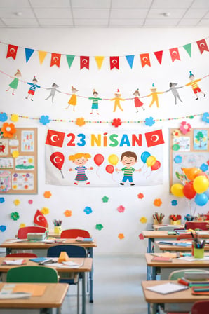 23 Nisan Kağıt Banner El Ele Tutuşan Çocuklar 3 Metre Parti Süsleme Afişi