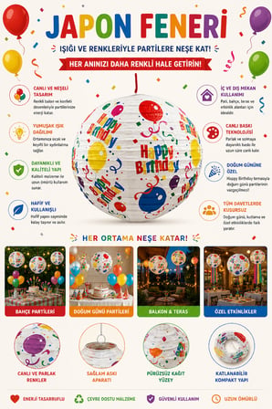 Japon Feneri Happy Birthday Baskılı Balon 25 cm Doğum Günü Asma Parti Süsü Dekorasyon Feneri