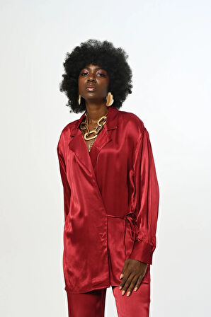 KADIN YANDAN BAĞLAMALI DÜZ RENK SATEN GÖMLEK