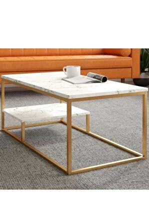 Perus Beyaz Ahşap / Gold Metal Orta Sehpa
