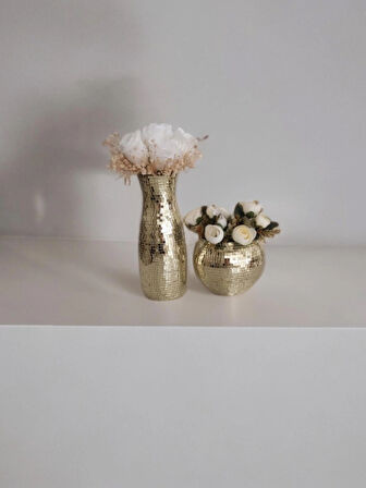 IŞILTI HOME DESIGN AYNALI CAM VAZO AÇIK GOLD 2 Lİ SET 